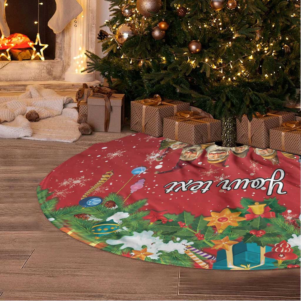 Red circular Christmas tree skirt with colorful holiday scene