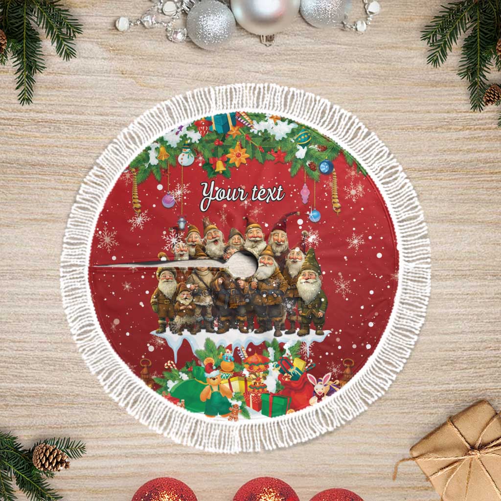 Red Christmas tree skirt, personalized center graphic, white fringe edge