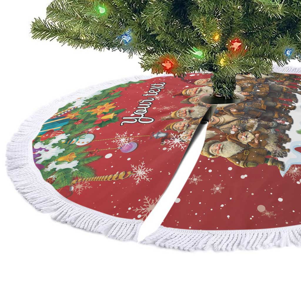 Red personalized tree skirt with white fringe edge, colorful holiday elf illustration