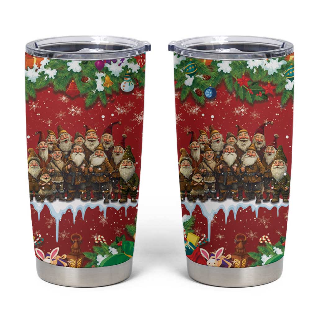 Red holiday tumbler cup with Santa and dwarf character print, silver lid and base