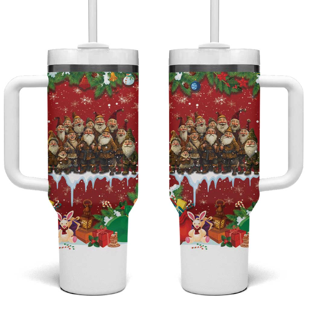 Red holiday tumbler cups with white handles, lids, and straws, festive character design
