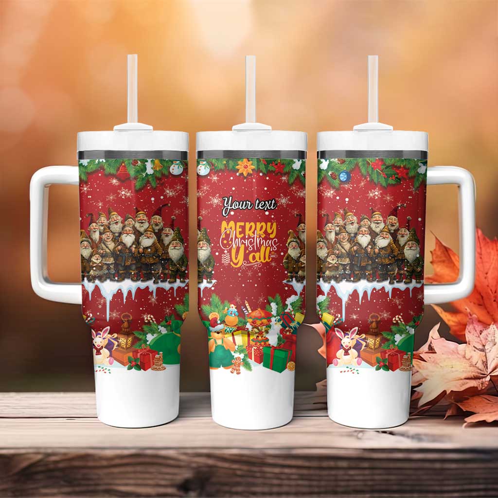 Set of three red holiday tumblers with white handles and straws, festive character artwork