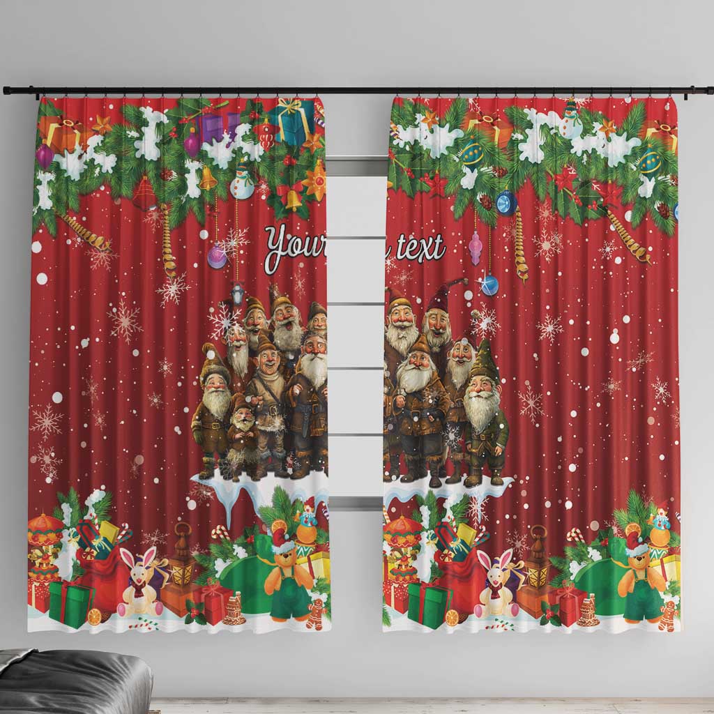 Red holiday curtain panels with gnome figures, snowflakes, and wreath ornament trim