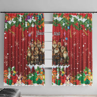 Red holiday curtain panels with gnome figures, snowflakes, and wreath ornament trim