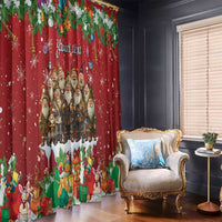Red personalized holiday curtain panel with gnome characters, snowflakes, and ornaments