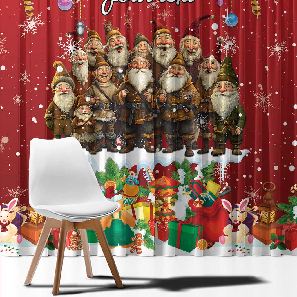 Red holiday curtain with rows of gnome characters, snowflakes, and festive gifts scene