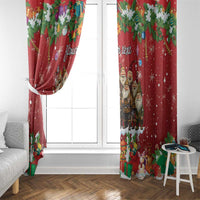 Red holiday curtain panels with gnome characters, snowflakes, and tree-and-ornament border