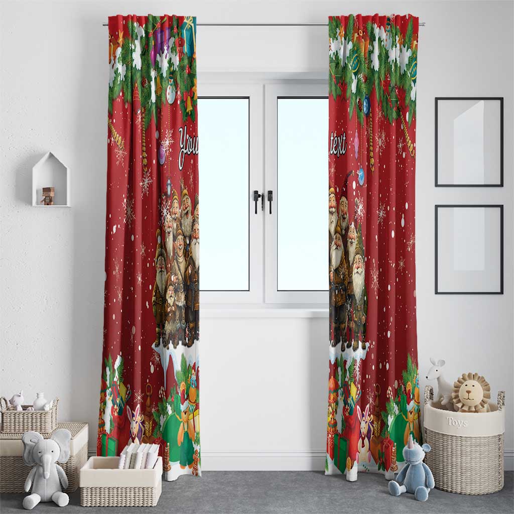Red holiday curtain panels with gnome artwork and scattered snowflake pattern