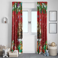 Red holiday curtain panels with gnome artwork and scattered snowflake pattern