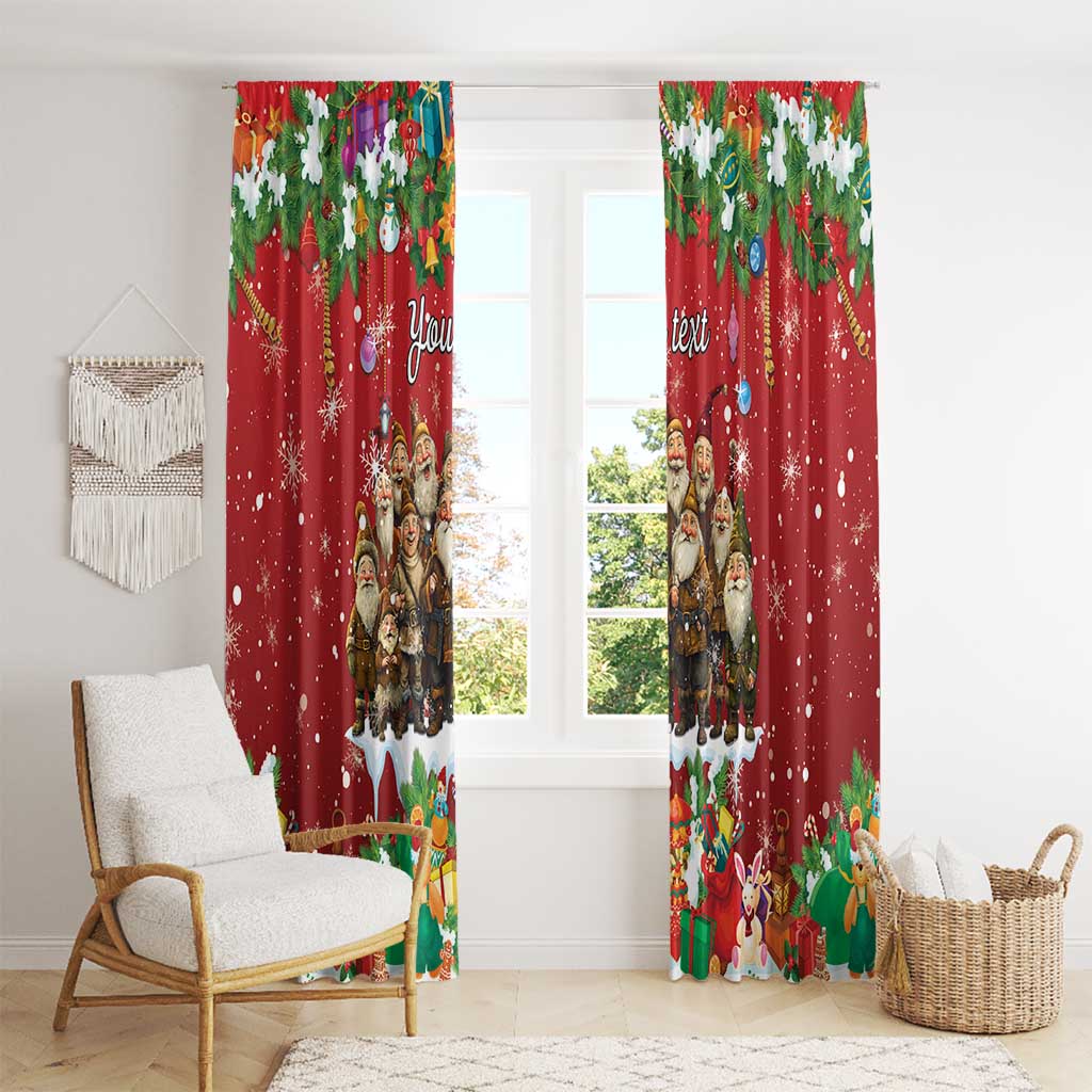 Red holiday curtain panels with gnome figures, colorful gifts, and snowflake dots