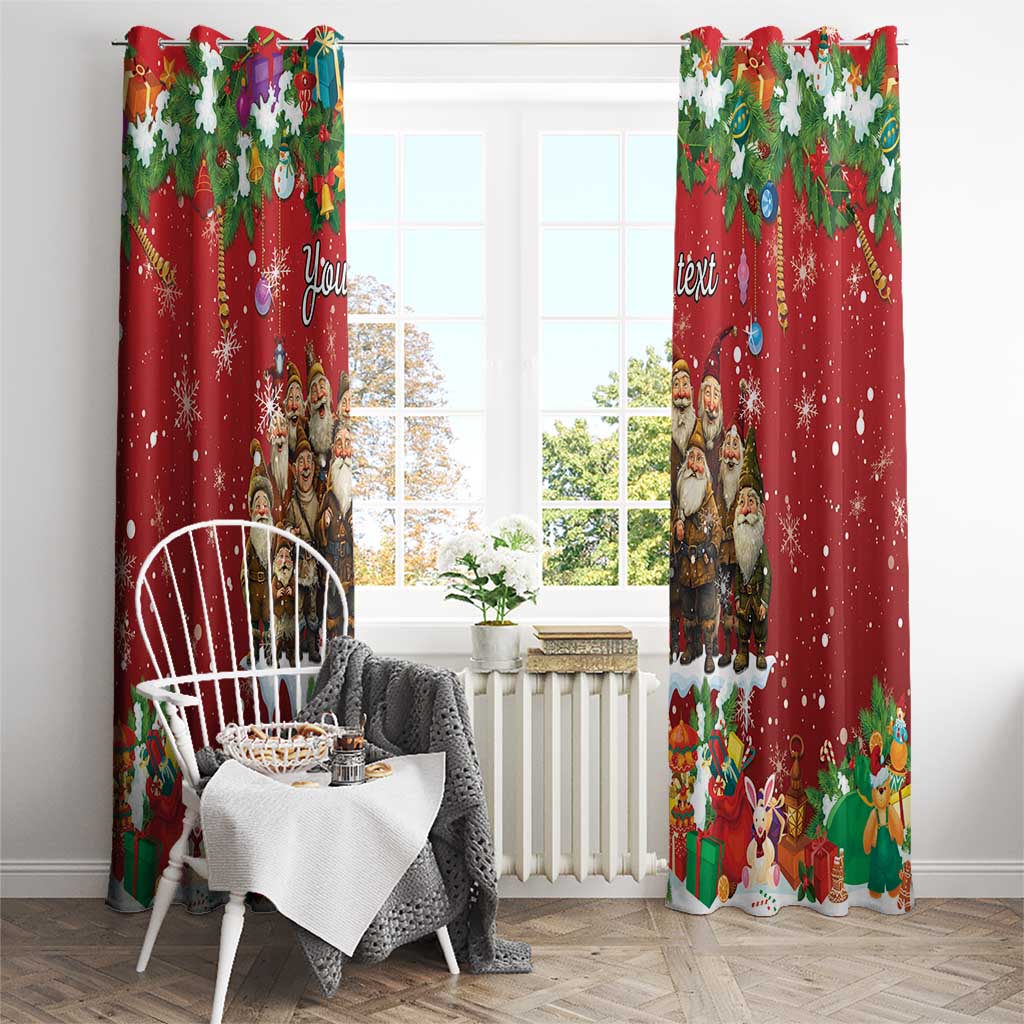 Red holiday window curtain panels with gnome characters, snowy sparkle details, and ornaments