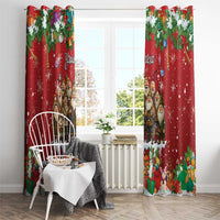 Red holiday window curtain panels with gnome characters, snowy sparkle details, and ornaments