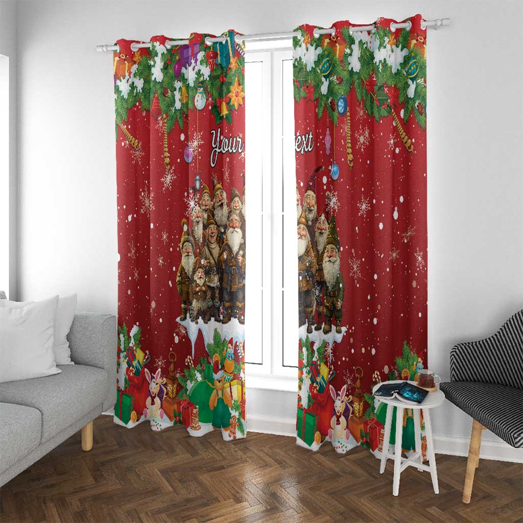 Red holiday curtain panels with gnome figures, snowflakes, and colorful gift decorations