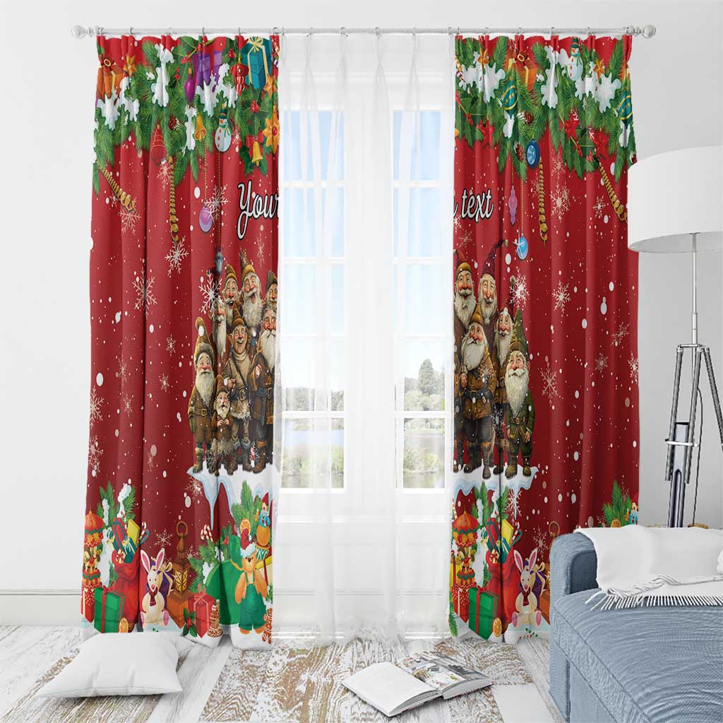 Red holiday curtain panels with gnome characters, snowflakes, and hanging-ornament top tabs