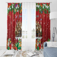 Red holiday curtain panels with gnome characters, snowflakes, and hanging-ornament top tabs