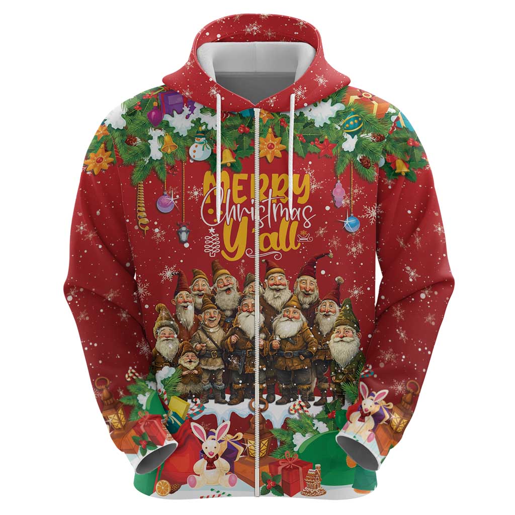Red zip hoodie with Merry Christmas print, hood, and yule lads characters