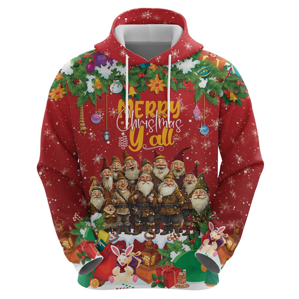 Red zip hoodie front close-up with Merry Christmas text and yule lads group