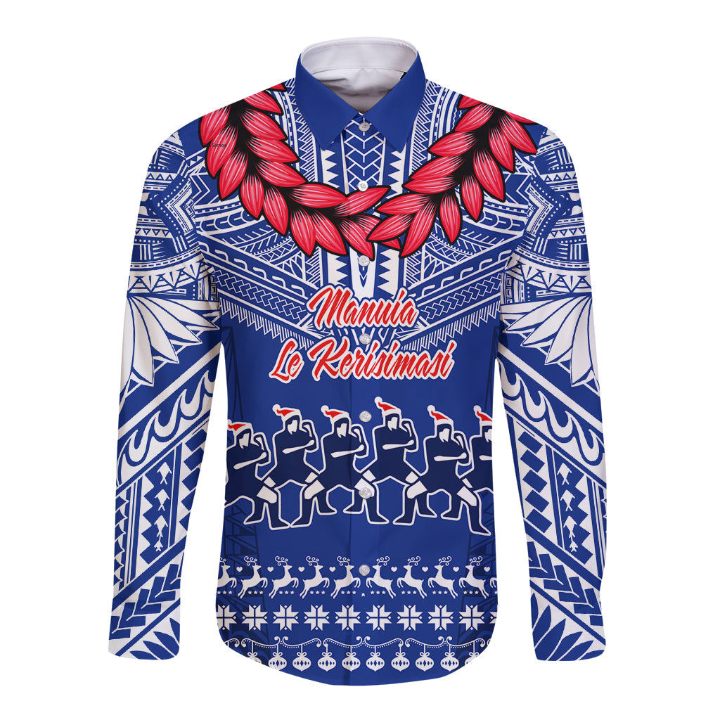 Blue long-sleeve button shirt with festive dancers and patterned sleeves