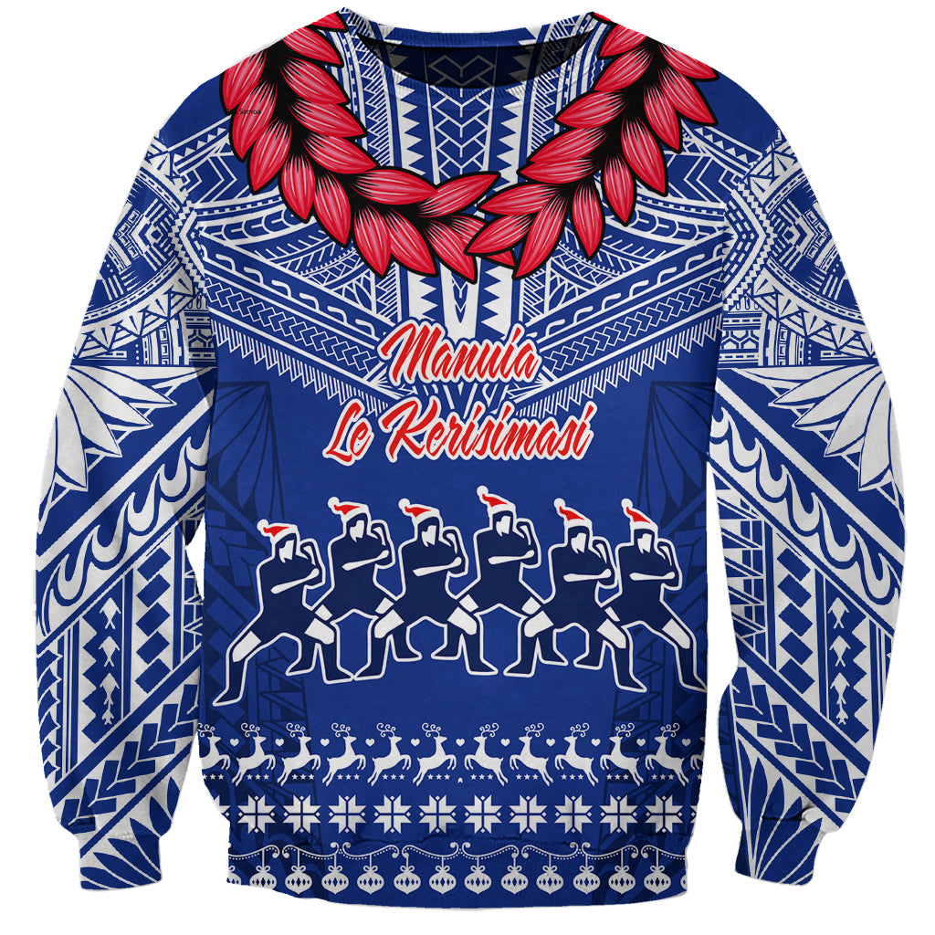 Blue Christmas sweatshirt with red leaf banner and choir silhouettes