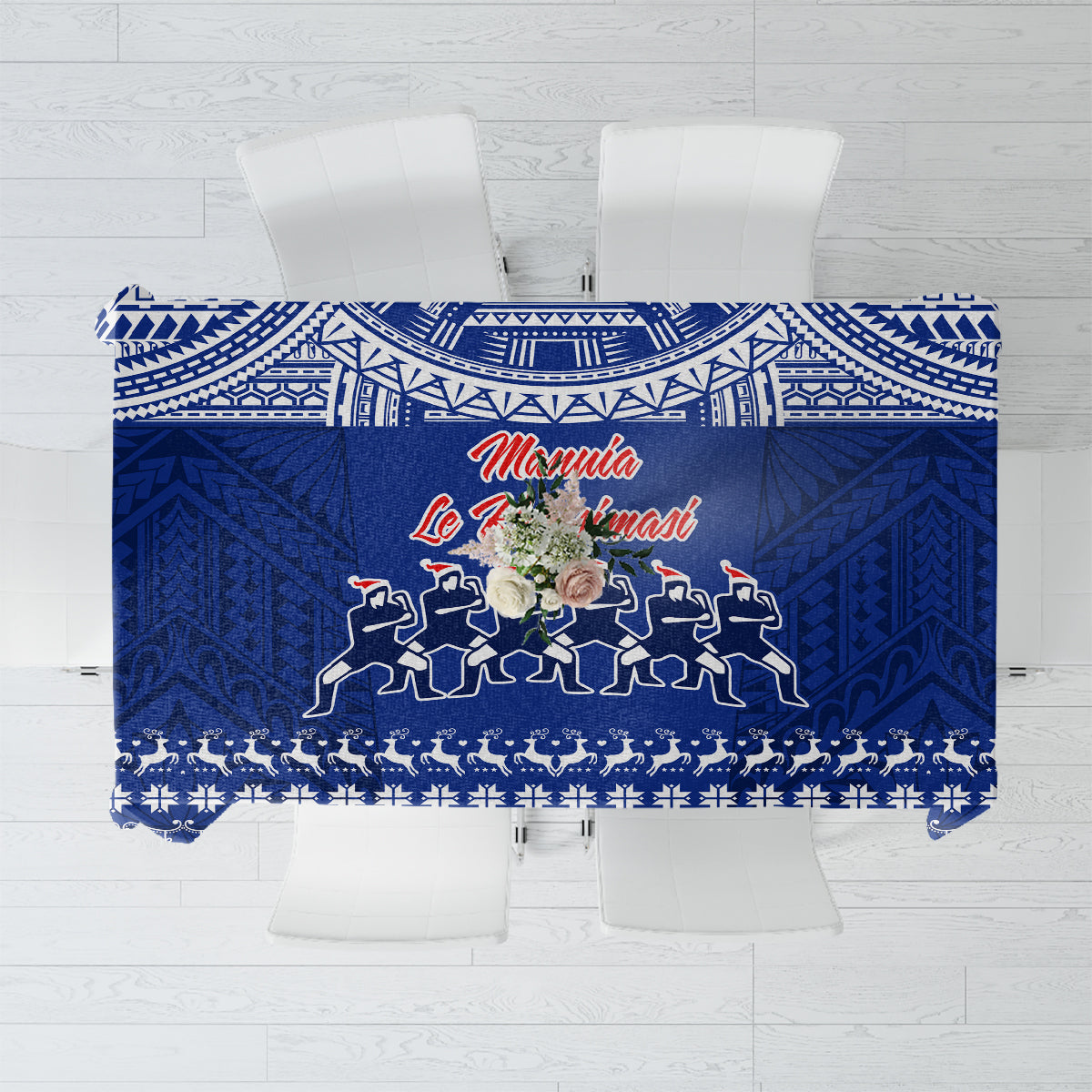 Blue Christmas tablecloth with Polynesian pattern border and dancing motif
