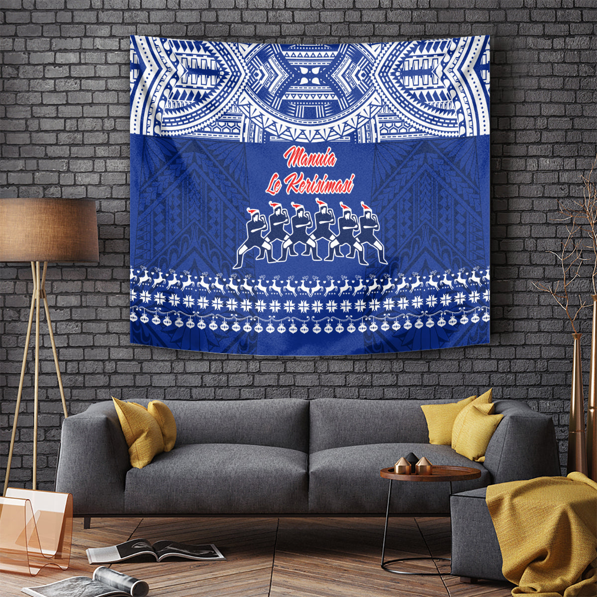 Blue Samoan Christmas tapestry with white patterns, dancing figures, red text, tassel fringe