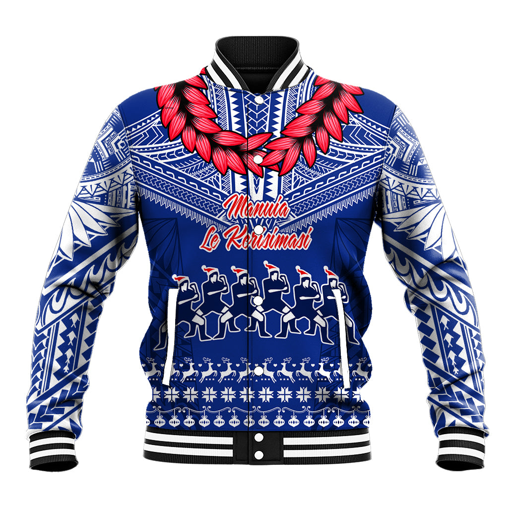 Blue baseball jacket with red floral accents, tribal print, striped rib collar and cuffs.