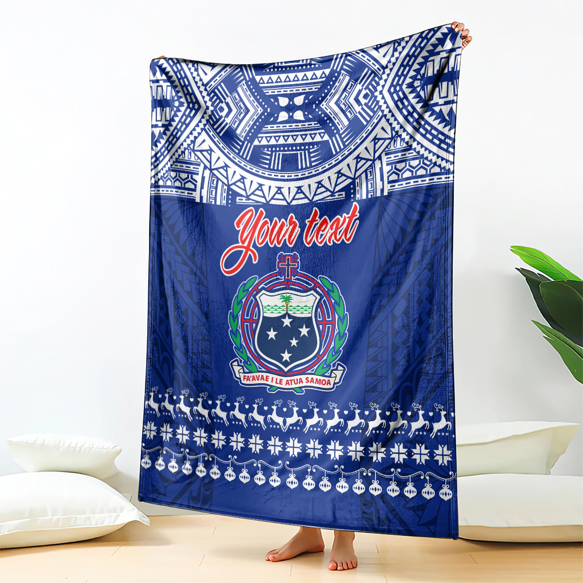 Blue personalized Christmas blanket with Samoan pattern, crest emblem, and 'Your text'.