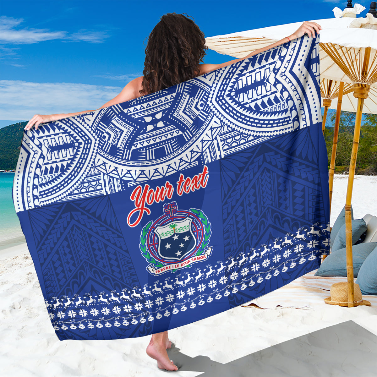 Blue personalized sarong with Polynesian print and red “Your text” center logo