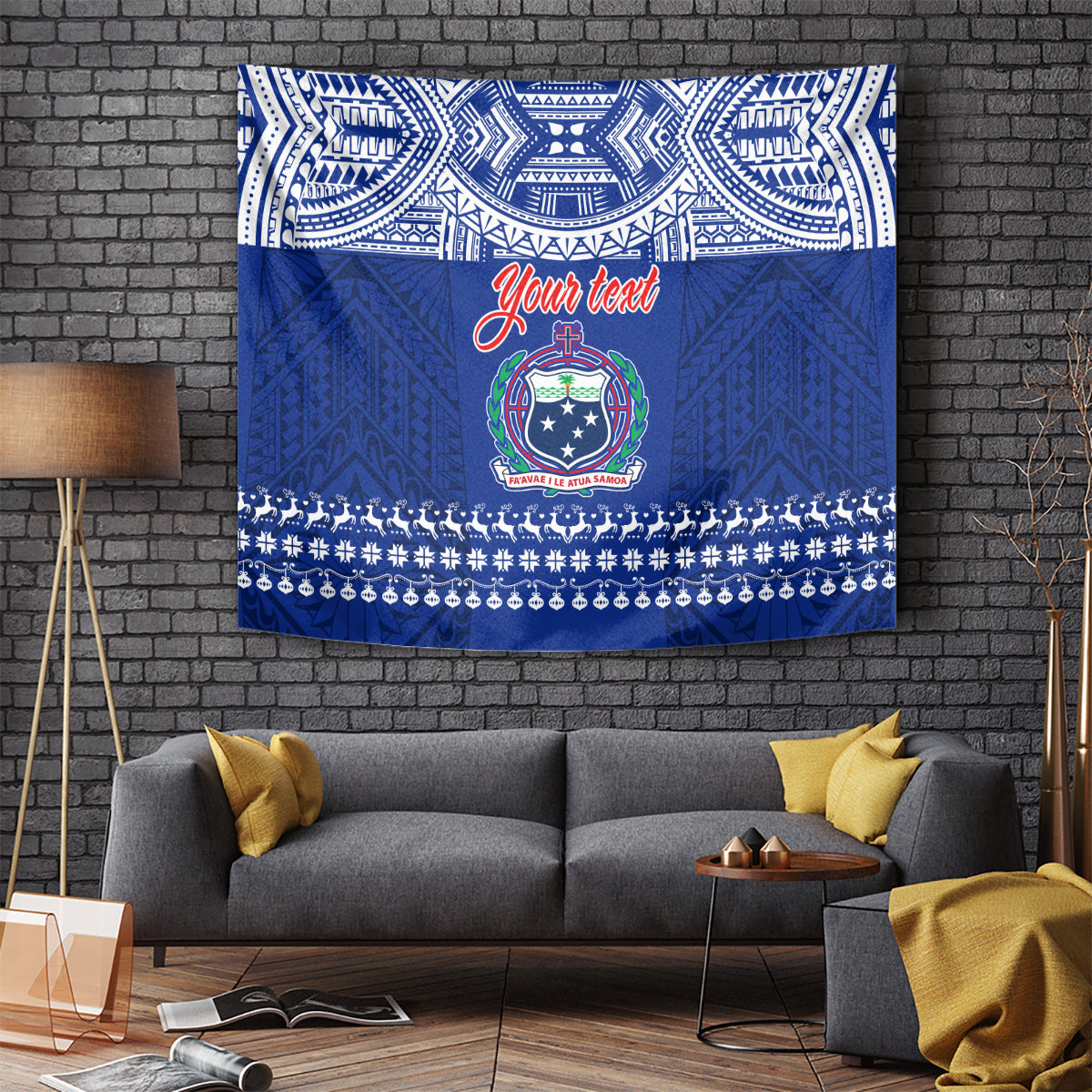 Blue personalized Christmas tapestry with ornate pattern and centered "Your text"