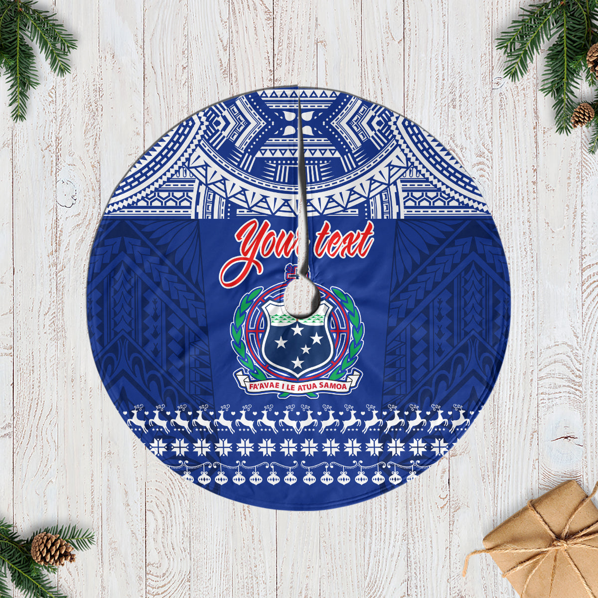 Blue round Christmas tree skirt with Samoan pattern, center crest, and personalized text