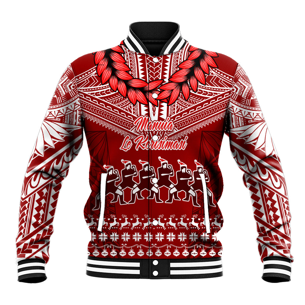 Red baseball jacket with white tribal patterns and festive front graphic, ribbed collar and cuffs