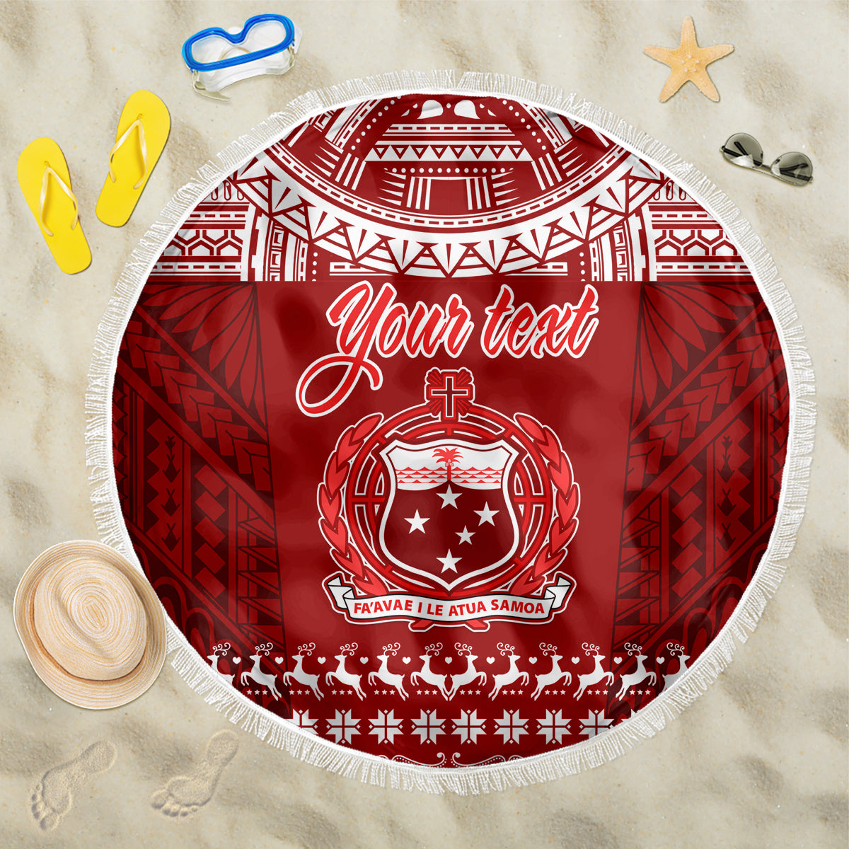 Red circular beach blanket with white fringe, tribal pattern and centered 'Your text' crest