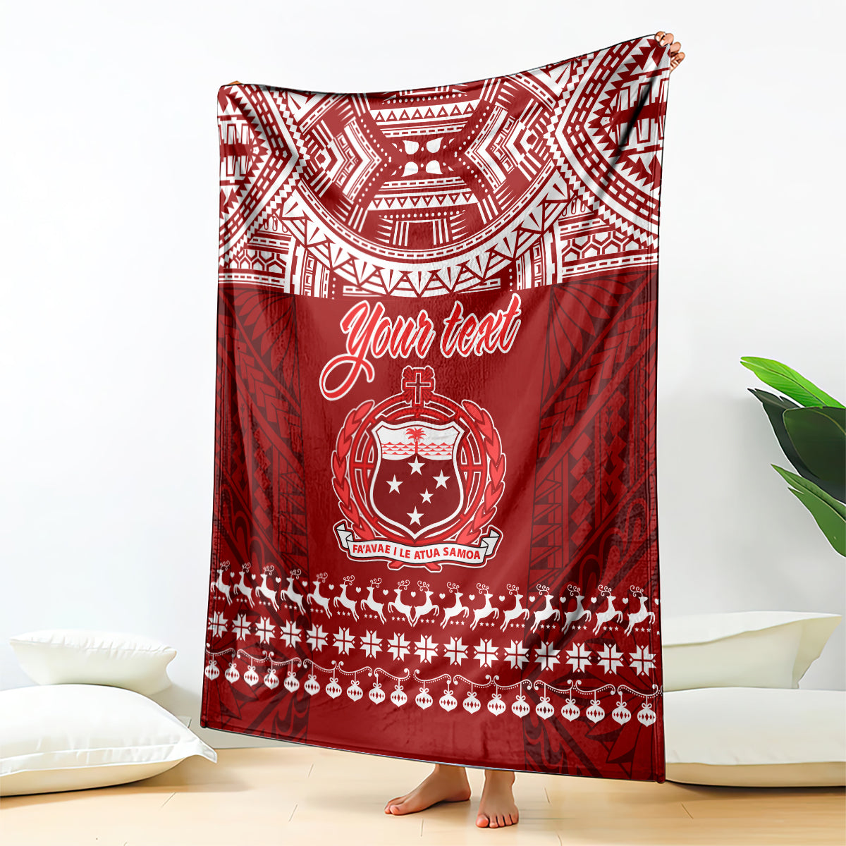 Red personalized Christmas blanket with tribal pattern, 'Your text' and crest emblem