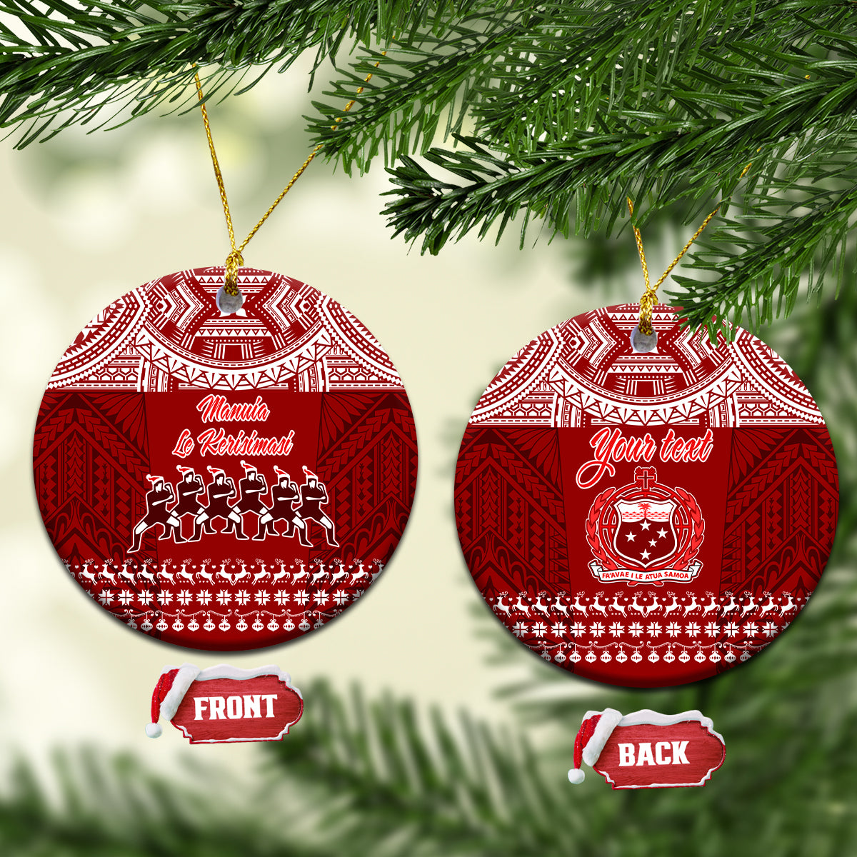 Red ceramic round ornament with Polynesian-style pattern, hanging gold loop, front and back views