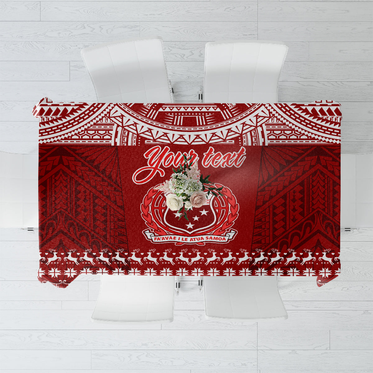 Red festive patterned Christmas tablecloth with geometric motifs and hanging ornament details