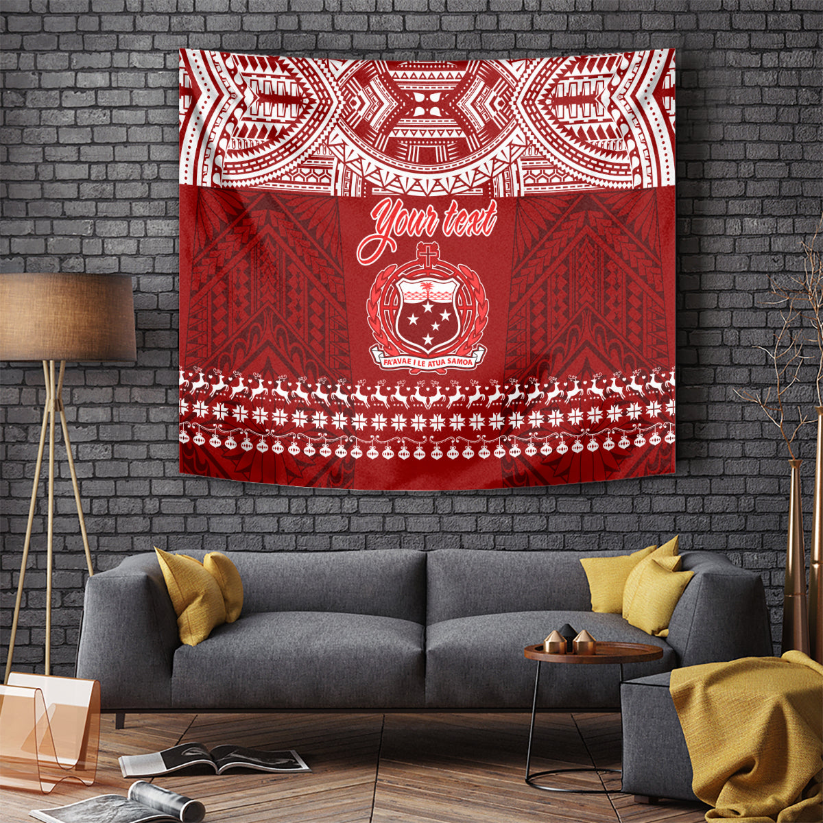 Red Samoa Christmas tapestry with white geometric pattern, Your text, and central crest