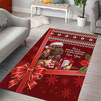 Red Christmas area rug with Moo Deng in scarf, gift and holly accents