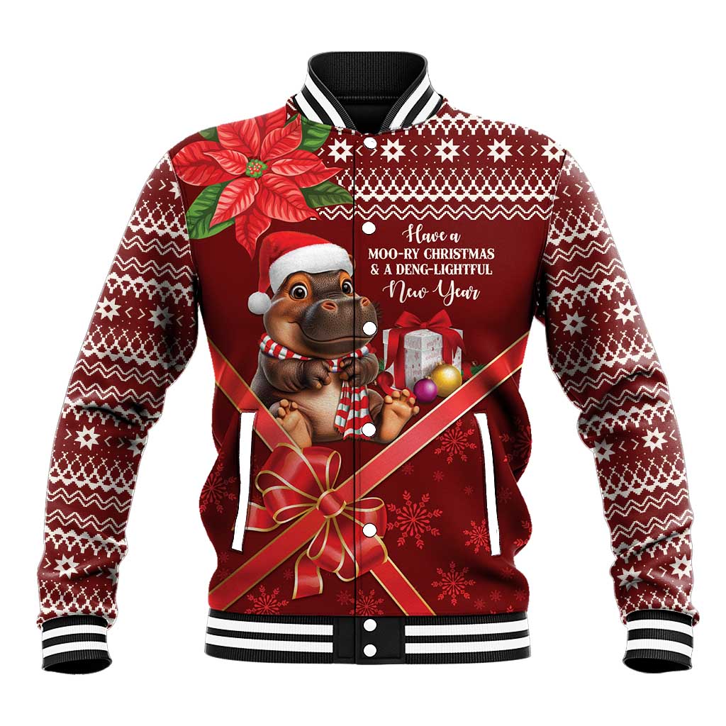 Red Christmas baseball jacket with striped rib collar, holiday character graphic, banded cuffs