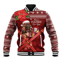 Red Christmas baseball jacket with striped rib collar, holiday character graphic, banded cuffs
