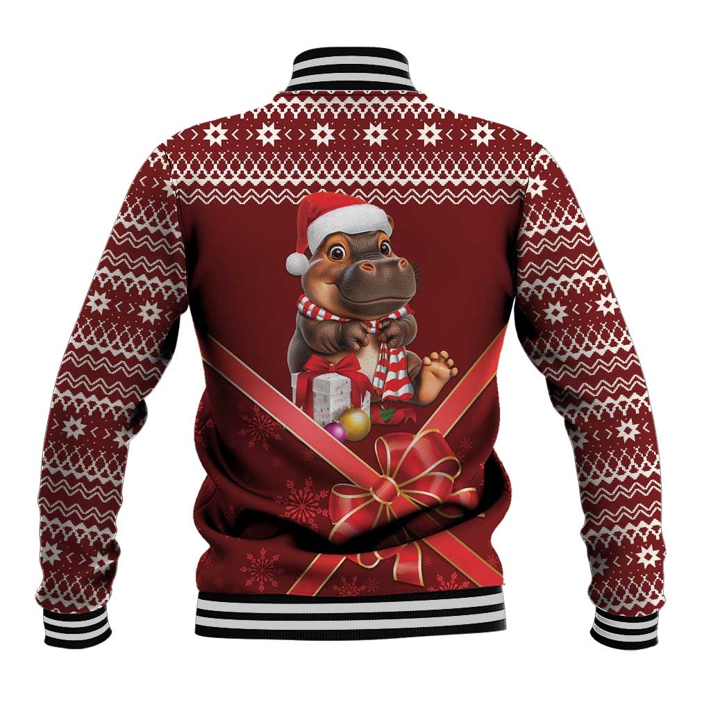 Red Christmas baseball jacket back with striped rib collar and holiday character bow print
