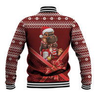 Red Christmas baseball jacket back with striped rib collar and holiday character bow print