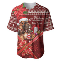 Red Christmas baseball jersey with cartoon hippo in Santa hat and scarf, bow graphic