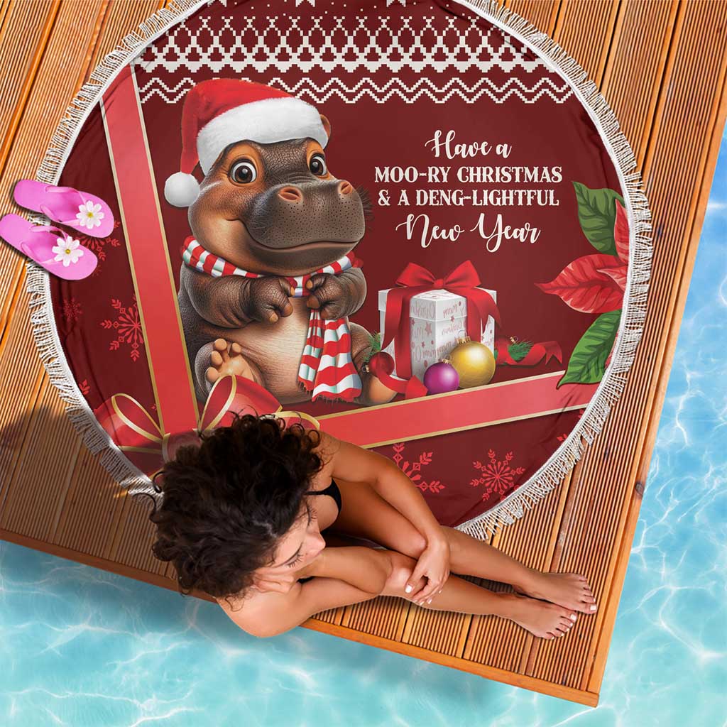 Red round beach blanket with white fringe, hippo in Santa hat with presents and bow