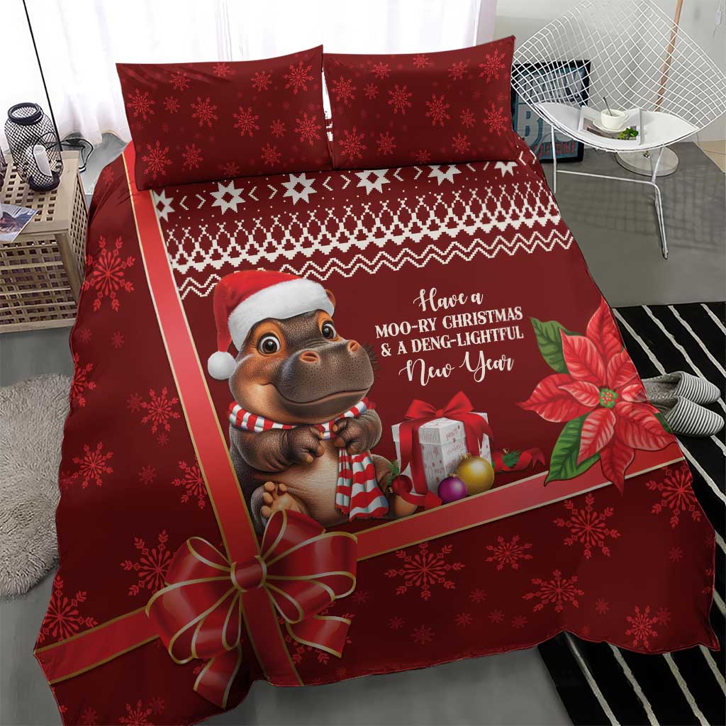 Red Christmas bedding set with cow Santa, snowflake print, gift bow, and two red pillow covers
