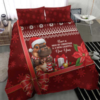 Red Christmas bedding set with cow Santa, snowflake print, gift bow, and two red pillow covers