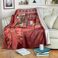 Red Christmas blanket with cartoon hippo in Santa hat, gifts, and snowflake pattern