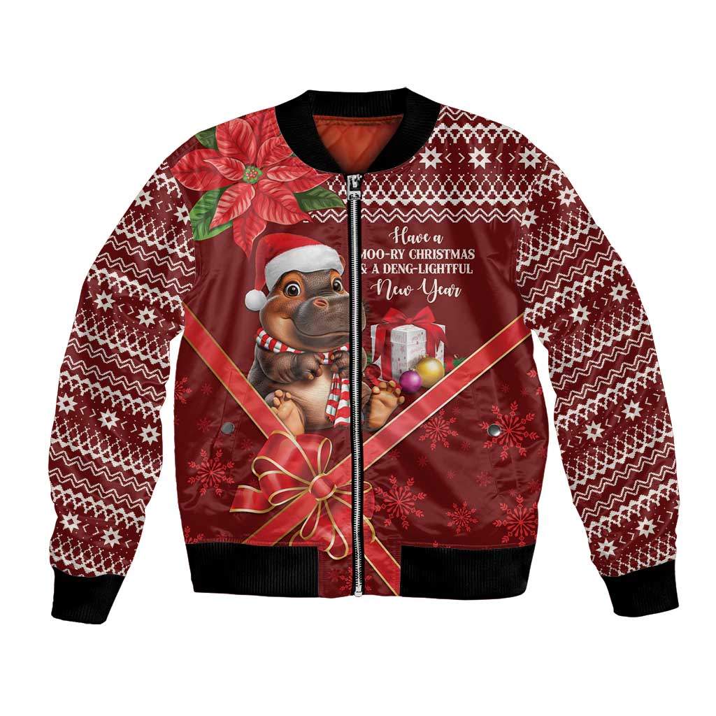 Red unisex bomber jacket with zip front and festive graphic print, black ribbed cuffs