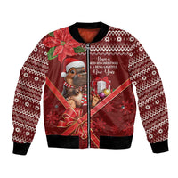 Red unisex bomber jacket with zip front and festive graphic print, black ribbed cuffs