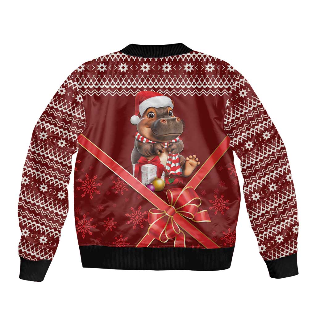 Red unisex bomber jacket, back view with holiday animal graphic, black ribbed hem and cuffs