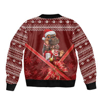 Red unisex bomber jacket, back view with holiday animal graphic, black ribbed hem and cuffs